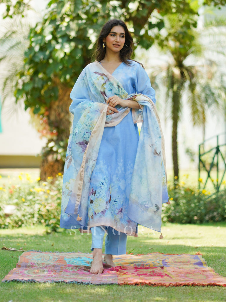 Resham: Sky Blue Printed Silk Metallic Unstitched Suit & Dupatta Set