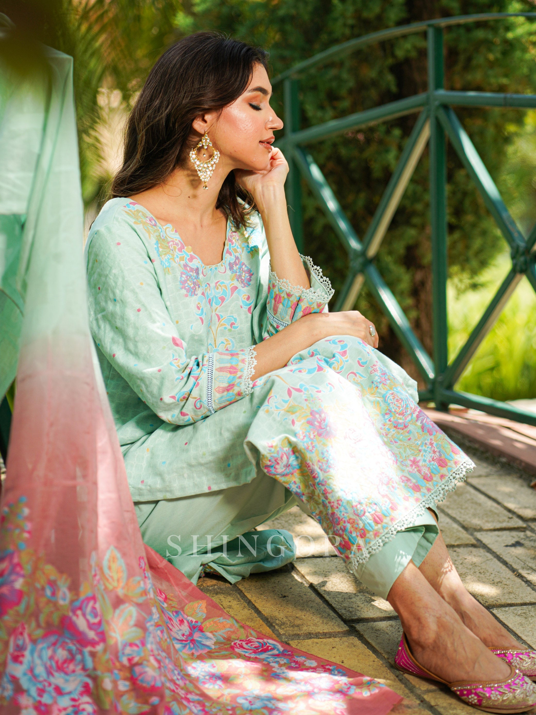 Vani: Sea Green Jacquard Design Metallic Unstitched Suit & Dupatta Set