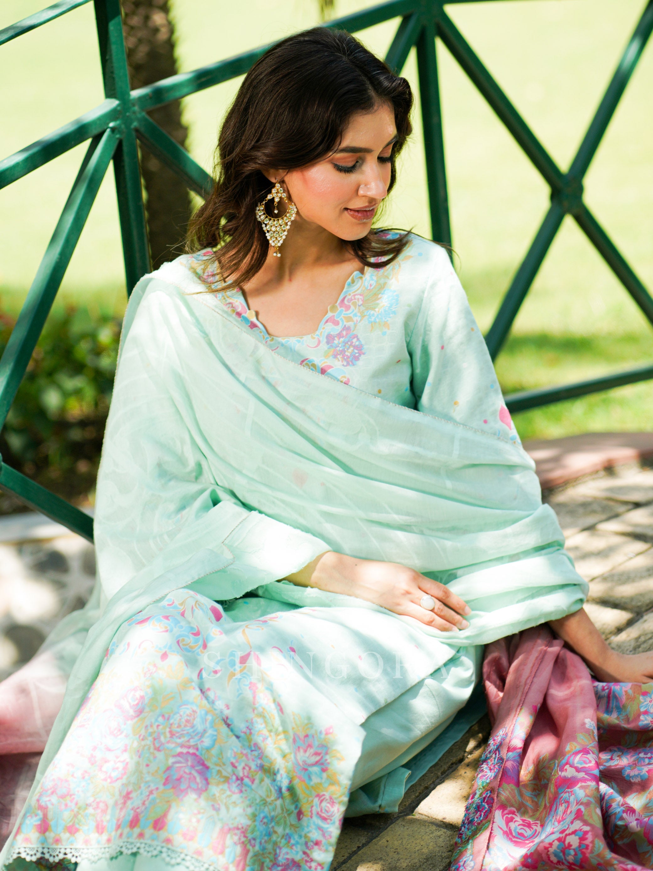 Vani: Sea Green Jacquard Design Metallic Unstitched Suit & Dupatta Set