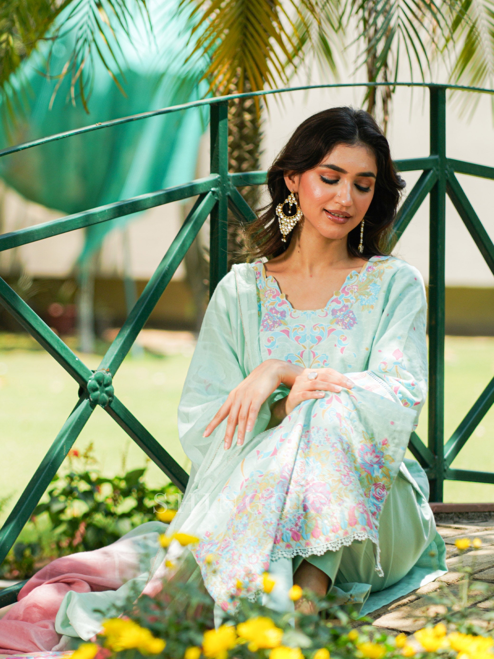 Vani: Sea Green Jacquard Design Metallic Unstitched Suit & Dupatta Set