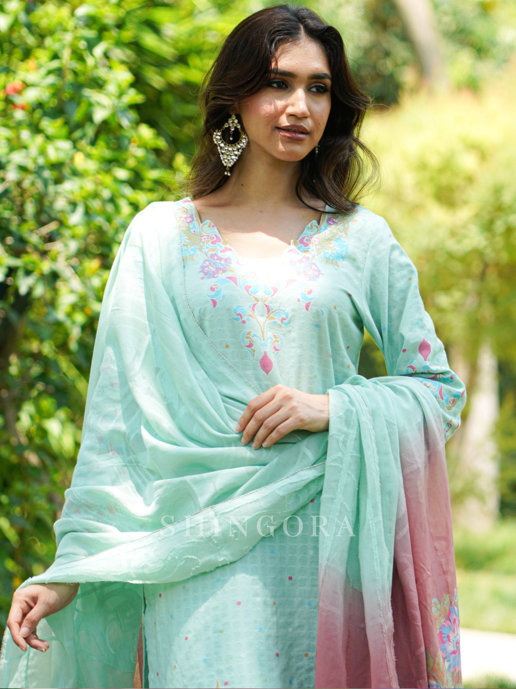 Vani: Sea Green Jacquard Design Metallic Unstitched Suit & Dupatta Set