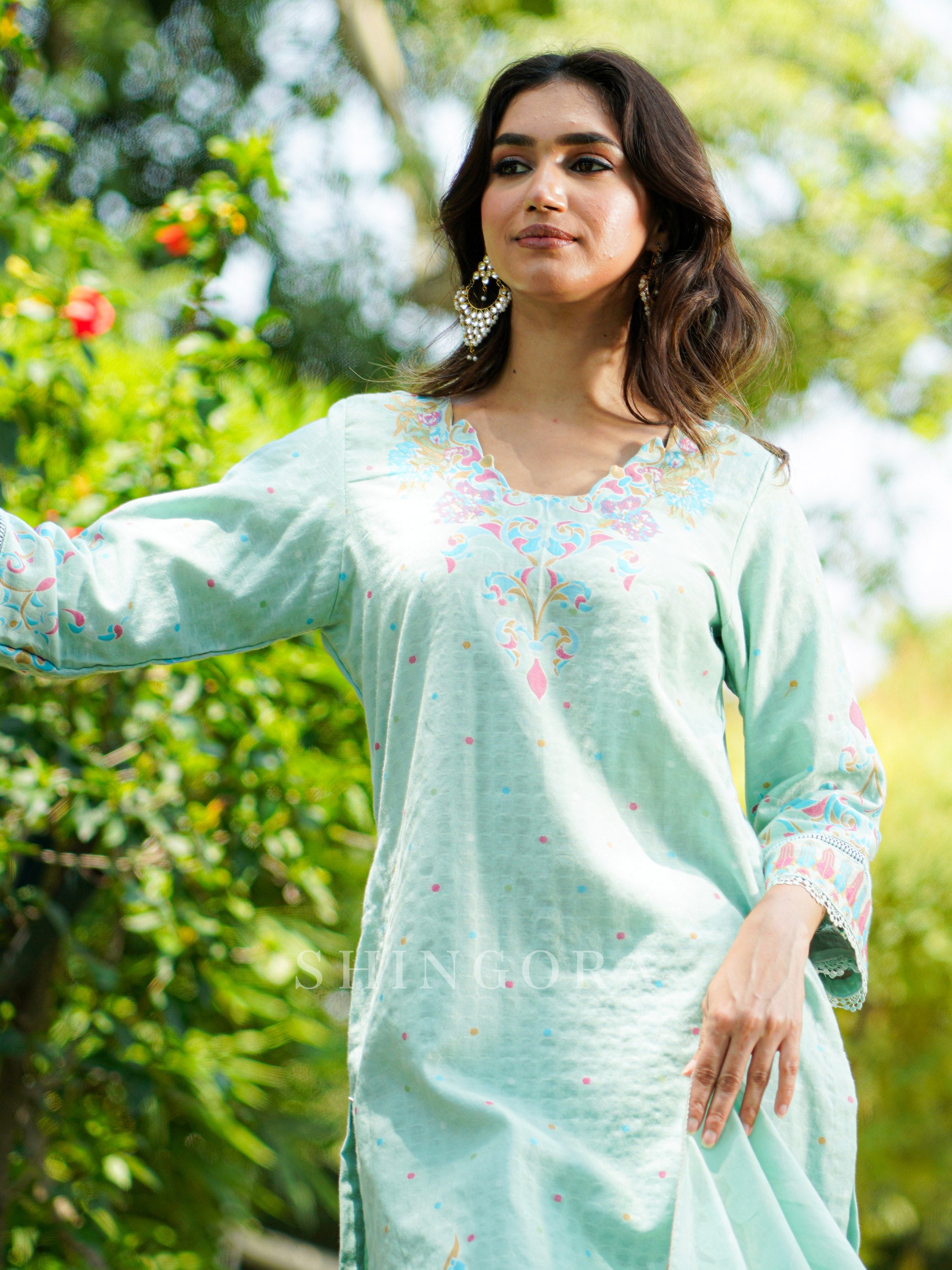 Vani: Sea Green Jacquard Design Metallic Unstitched Suit & Dupatta Set