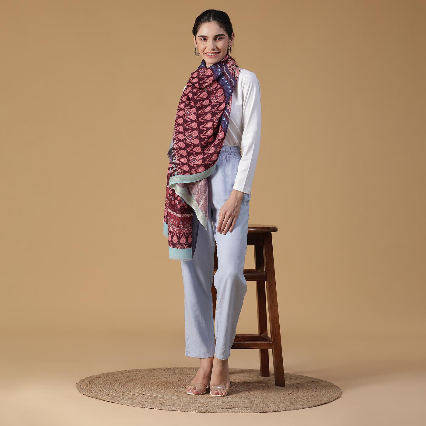 Riva Wool Blend Maroon Printed Stole