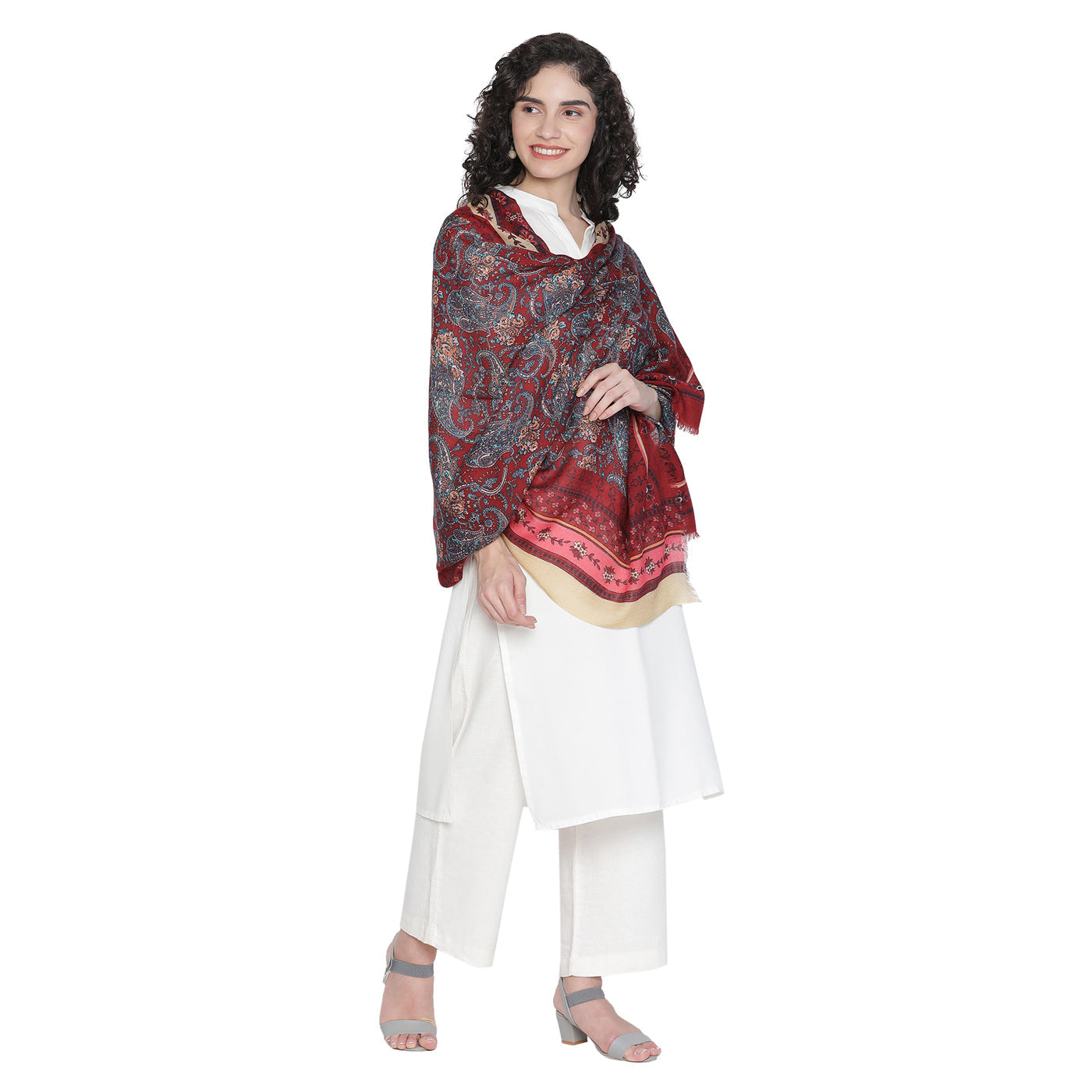 Floral Paisley Pure Woolen Beige Printed Shawl