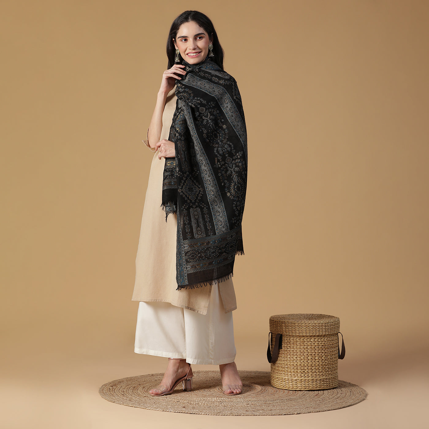 MOON Wool Blend Black Printed Stole