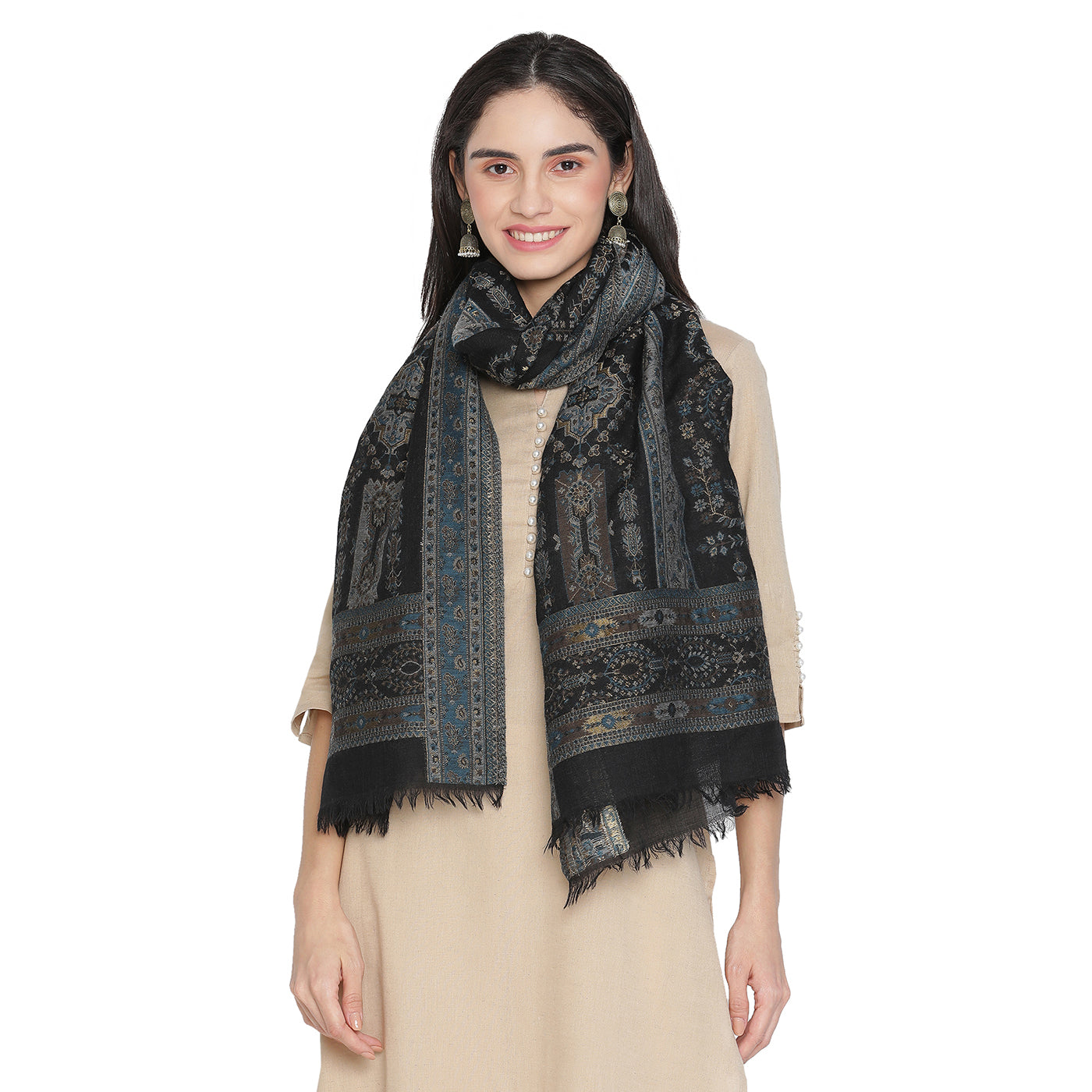 MOON Wool Blend Black Printed Stole