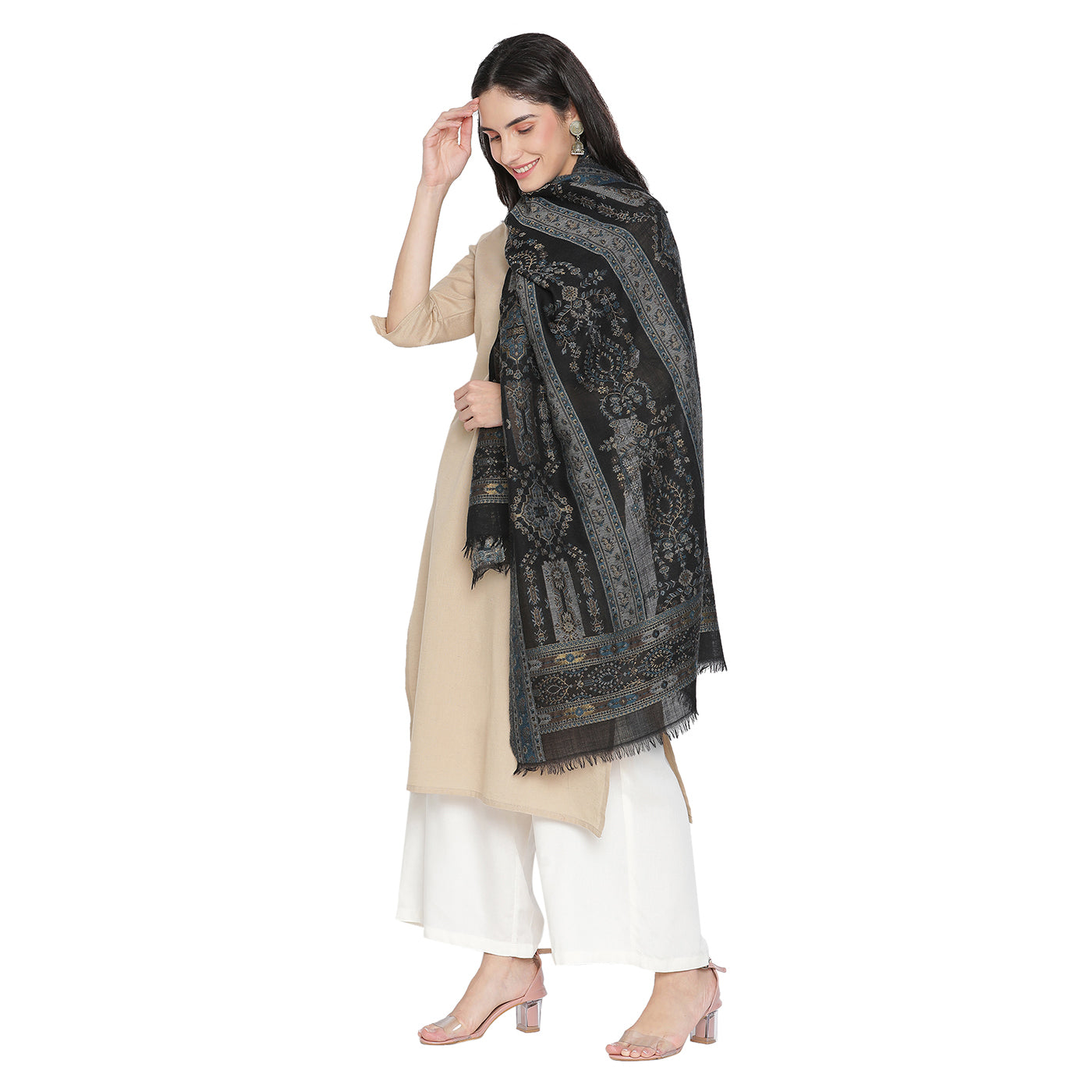 MOON Wool Blend Black Printed Stole