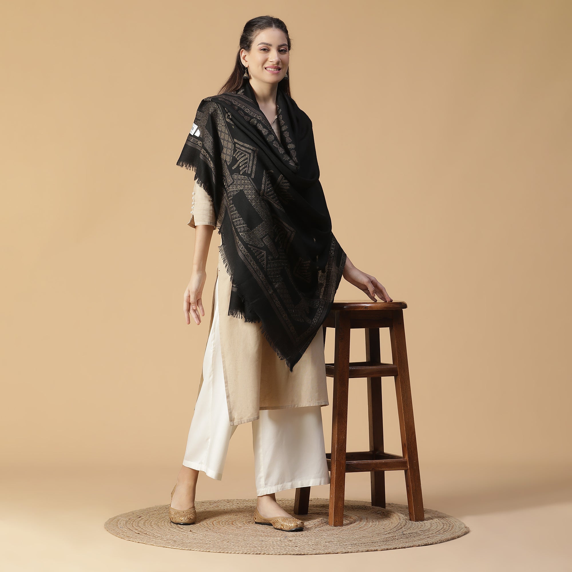 Jet Metallic Wool Jacquard Shawl