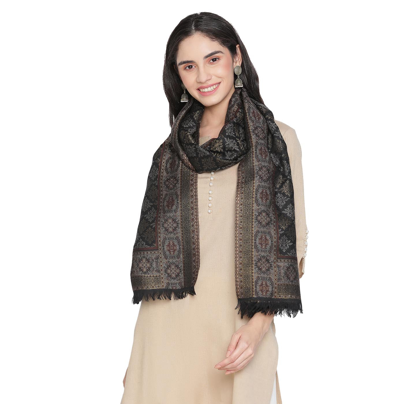 Khakha Wool & Metallic Jacquard Stole
