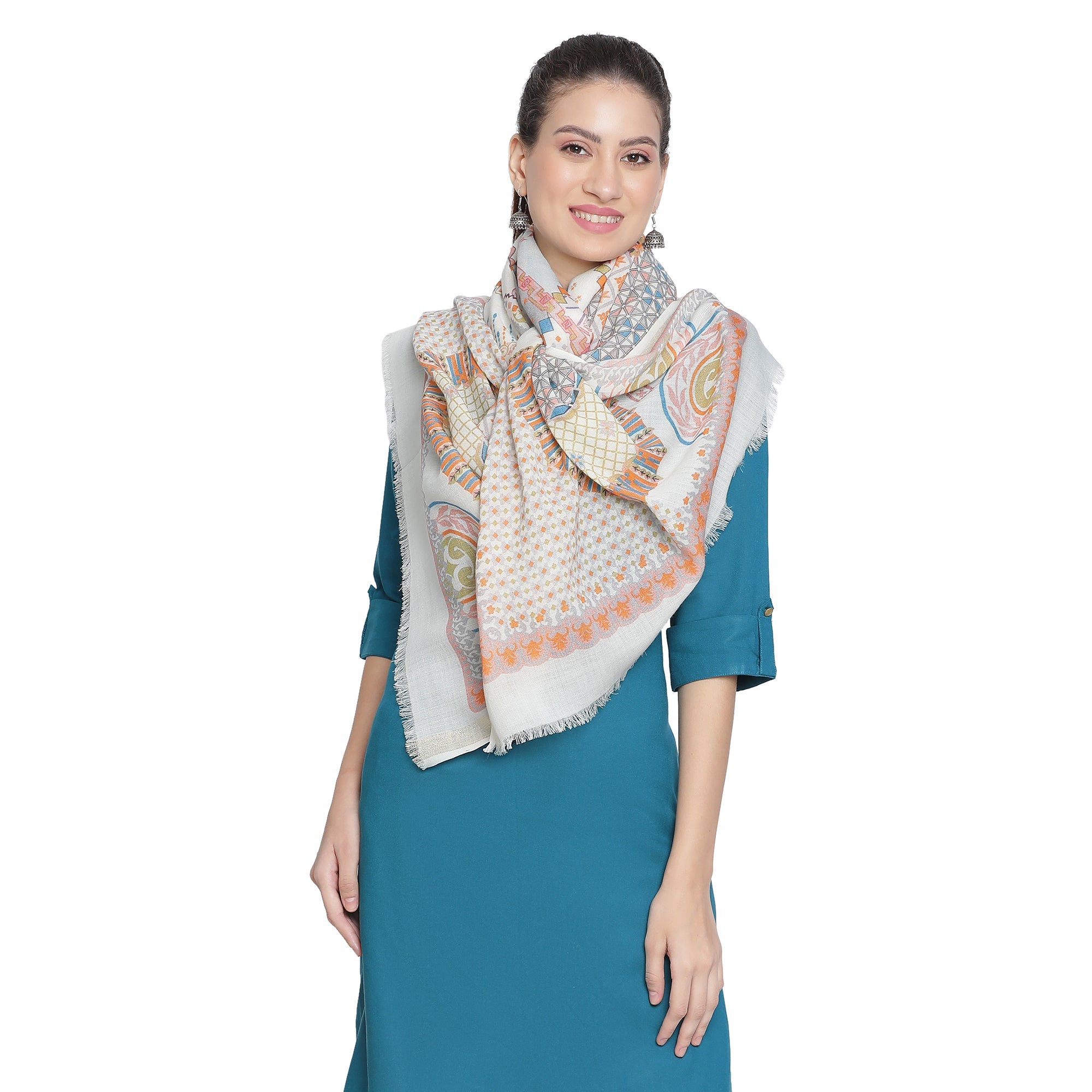 Mandavi Design Printed Woolen Offwhite Stole
