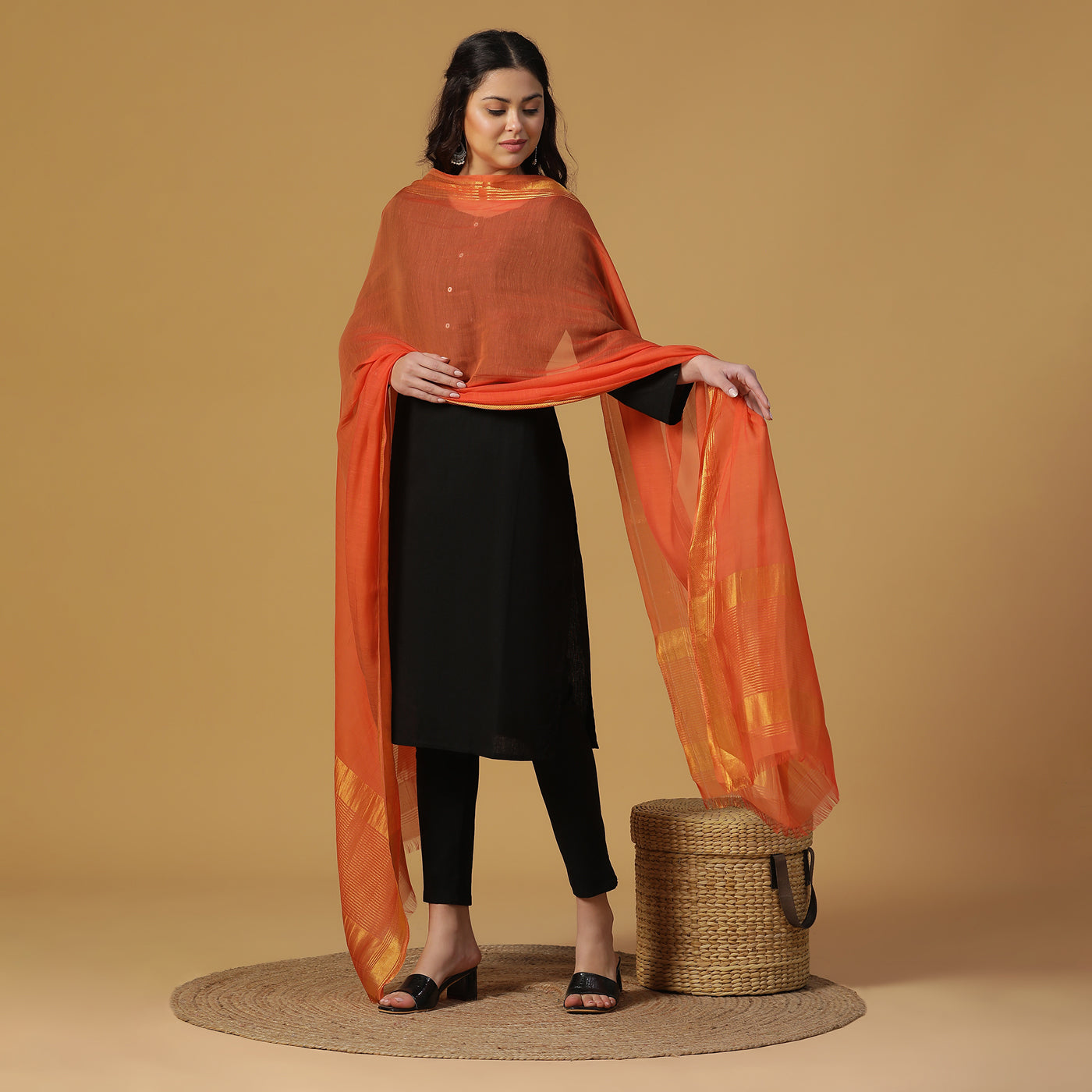 Dark Rust Dobby Woven Zari Dupatta