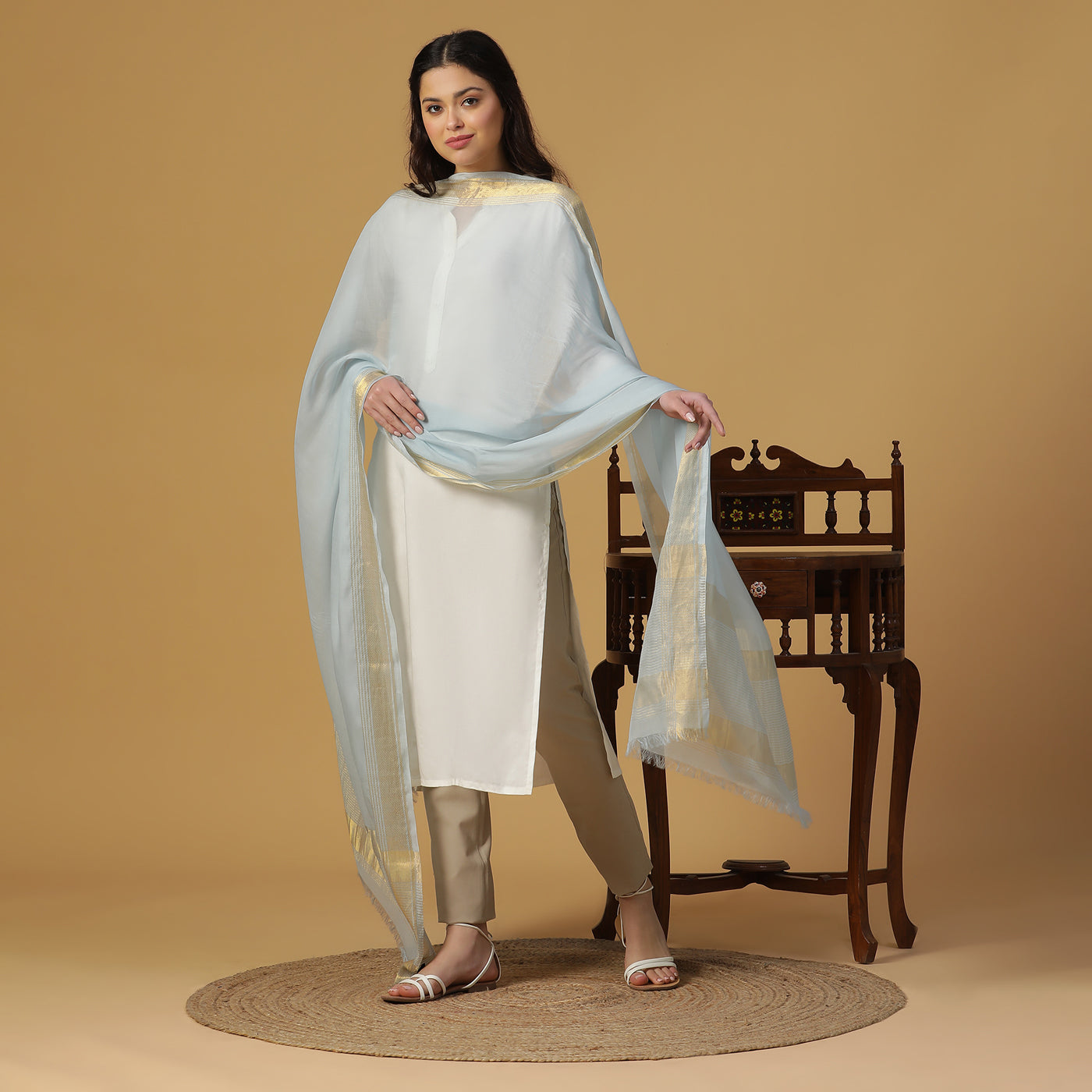 Sky Blue Dobby Woven Zari Dupatta