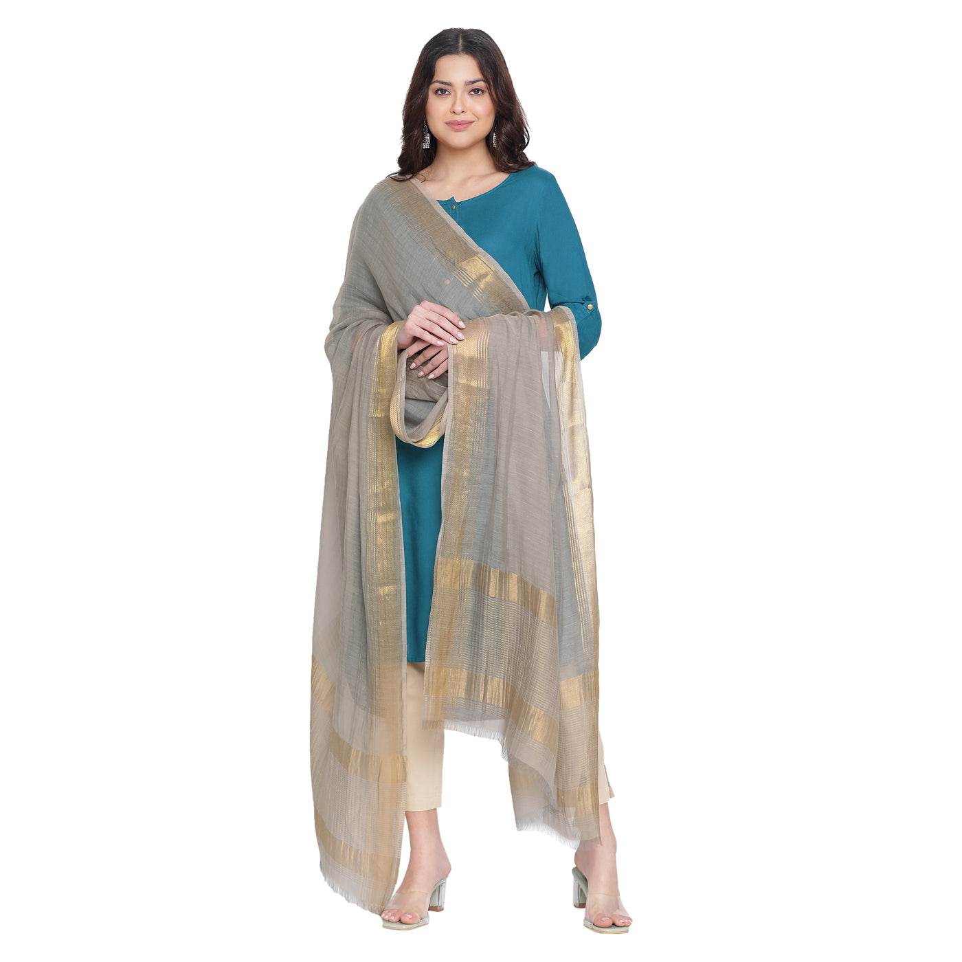 Grey Dobby Woven Zari Dupatta