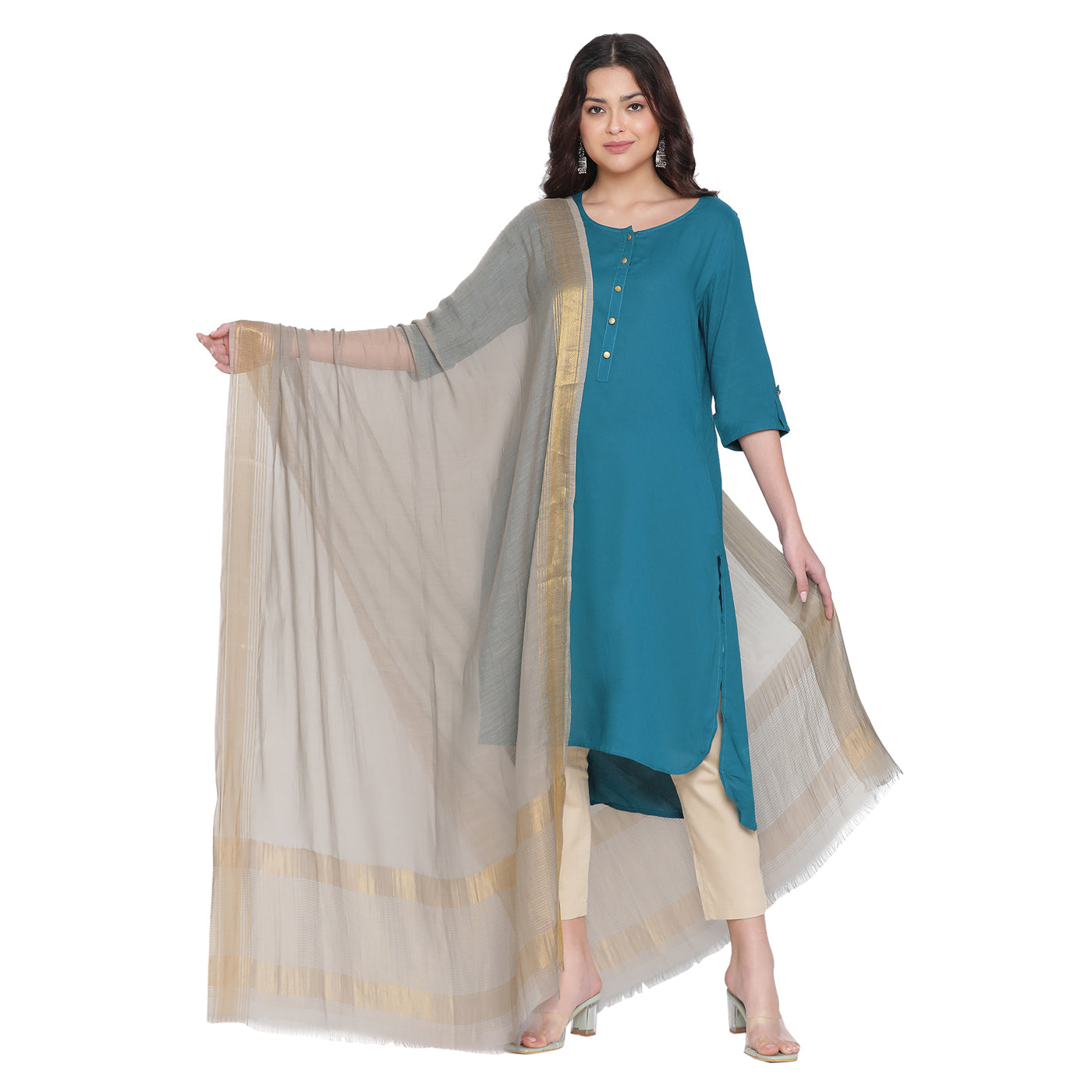Grey Dobby Woven Zari Dupatta