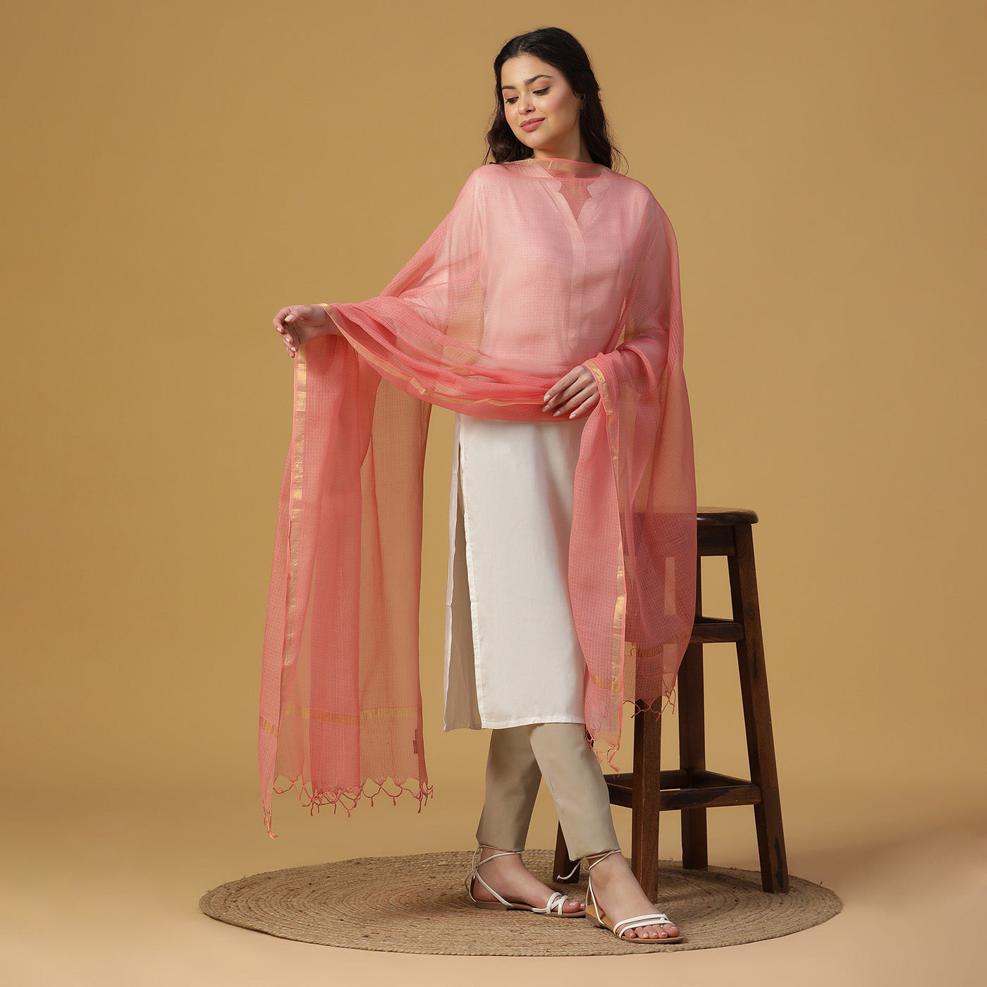 Peach Kota Cotton Dobby Dupatta