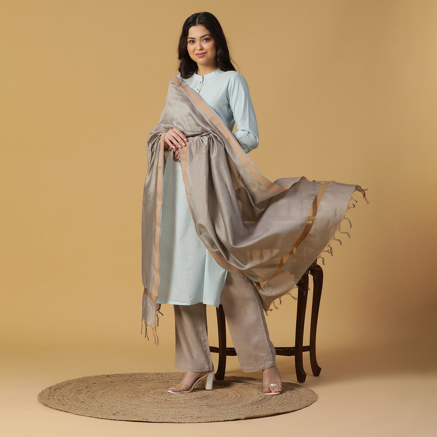 Grey Cotton Silk Dobby Dupatta
