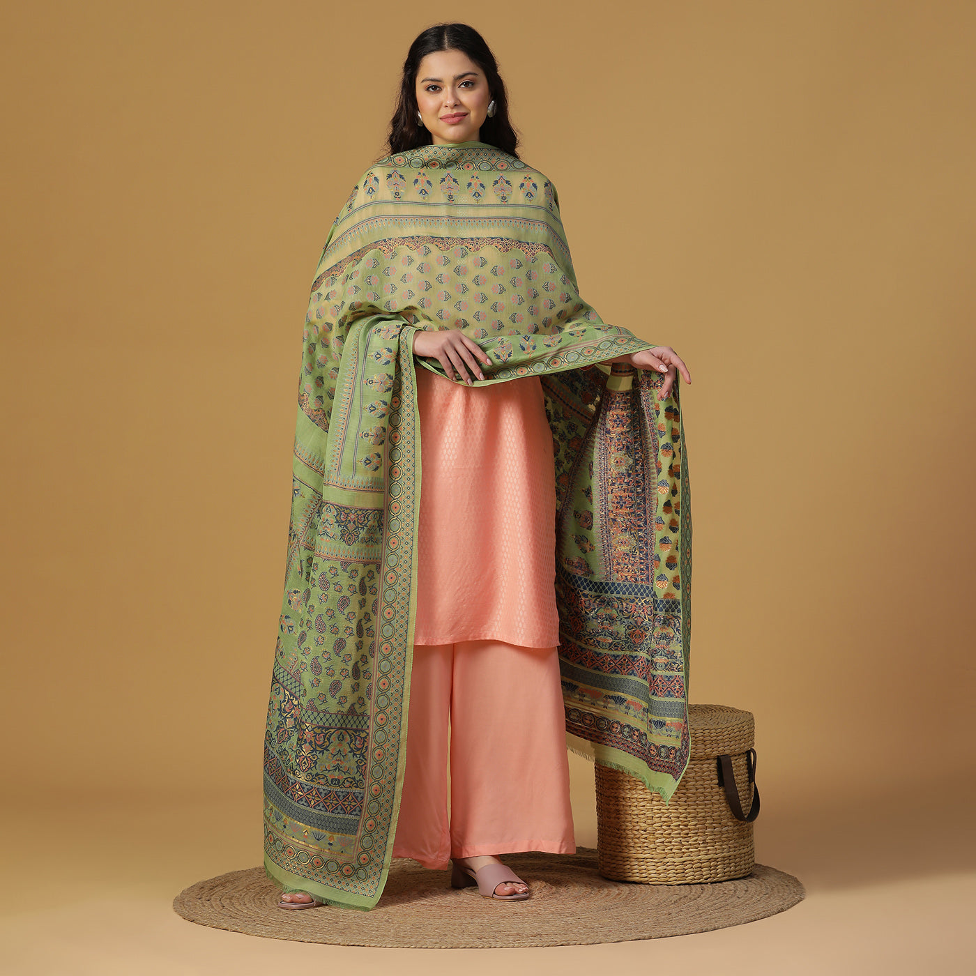 Pista Jacquard Silk/Zari Blend Dupatta