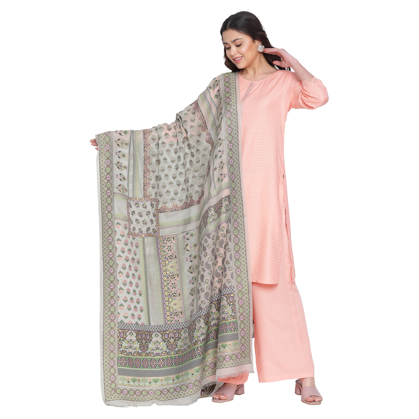 Grey Jacquard Silk/Zari Blend Dupatta