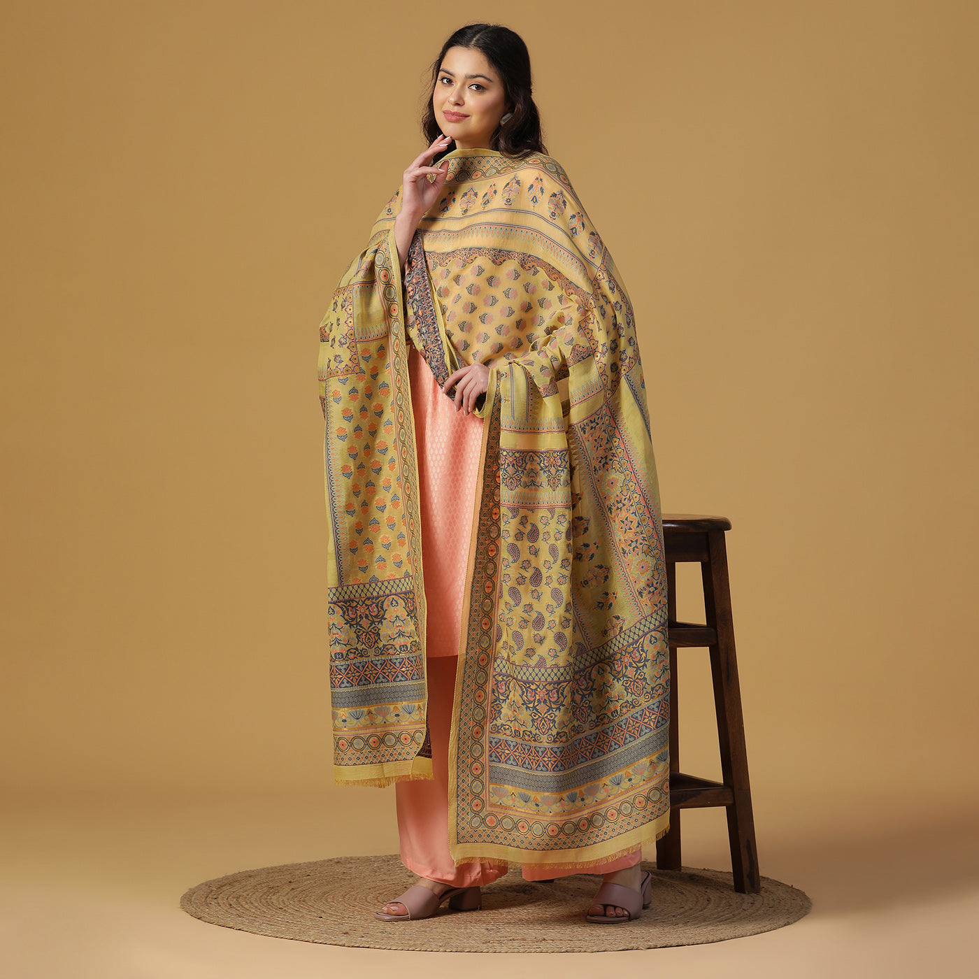 Yellow Jacquard Silk/Zari Blend Dupatta