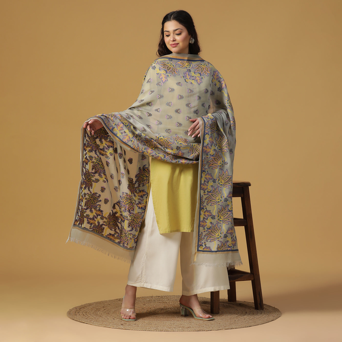 Grey Jacquard Blend Dupatta