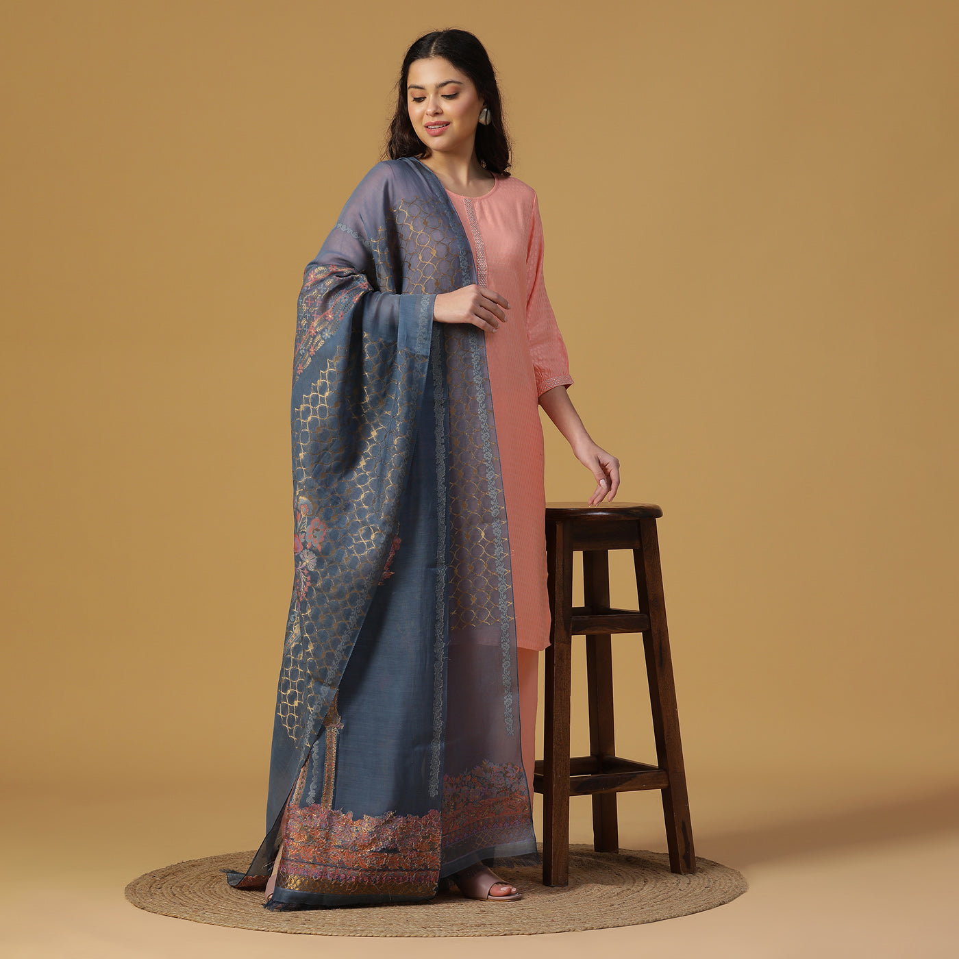 Blue Jacquard Tencel/Metallic Blend Dupatta