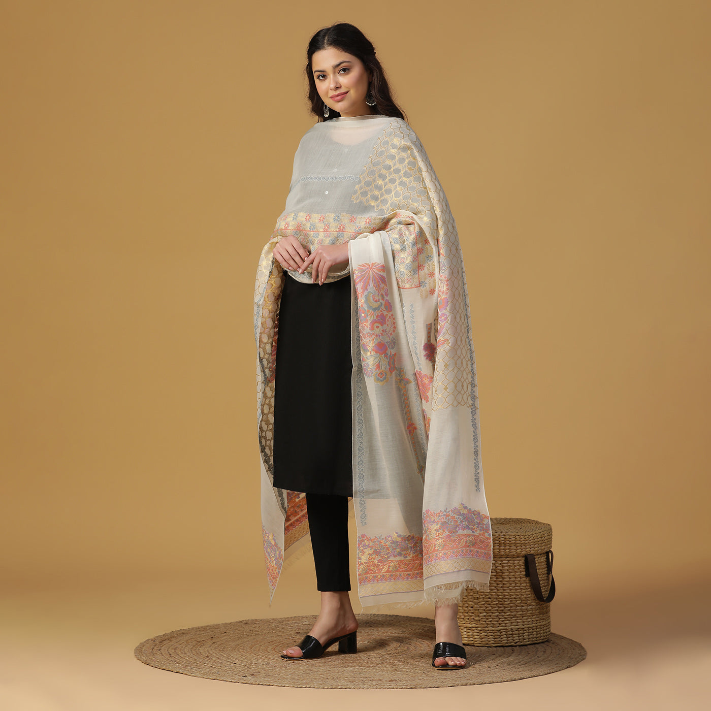 Grey Jacquard Tencel/Metallic Blend Dupatta
