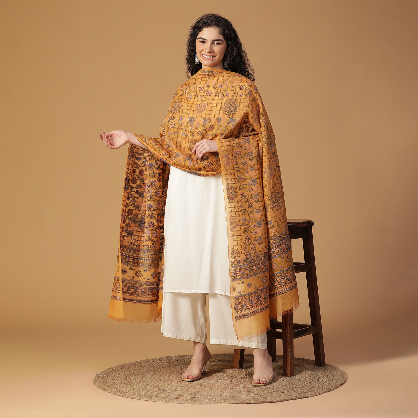 Mustard Cupro Metallic Blend Woven Design Dupatta