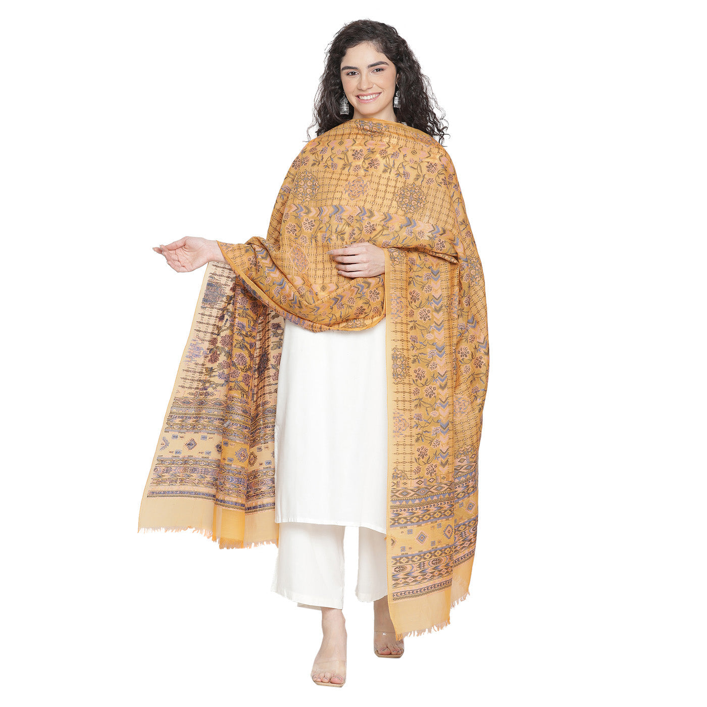 Mustard Cupro Metallic Blend Woven Design Dupatta