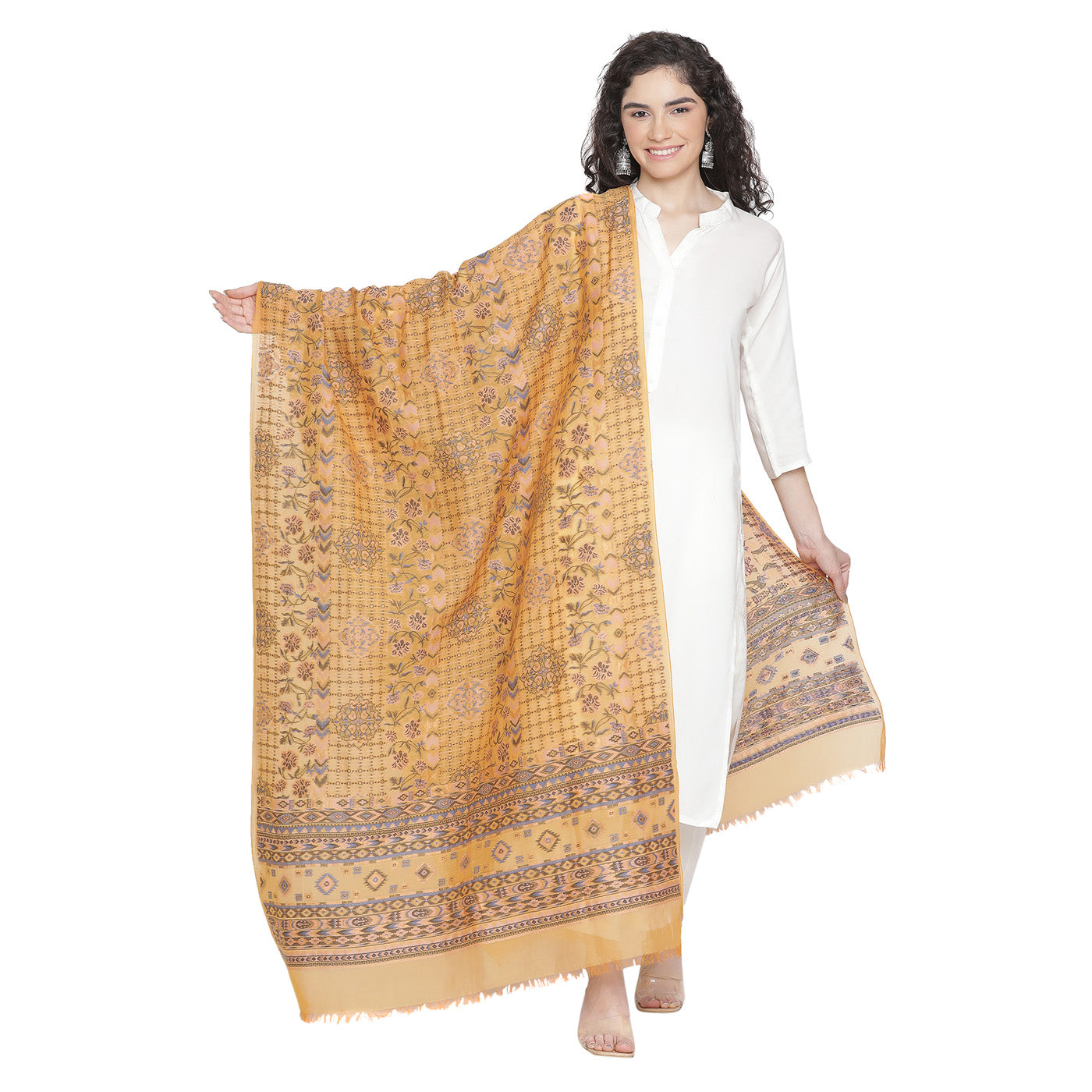Mustard Cupro Metallic Blend Woven Design Dupatta