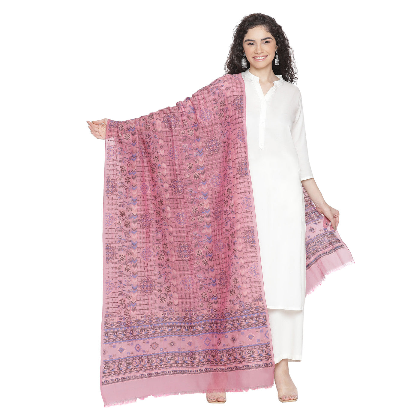 Pink Cupro Metallic Blend Woven Design Dupatta