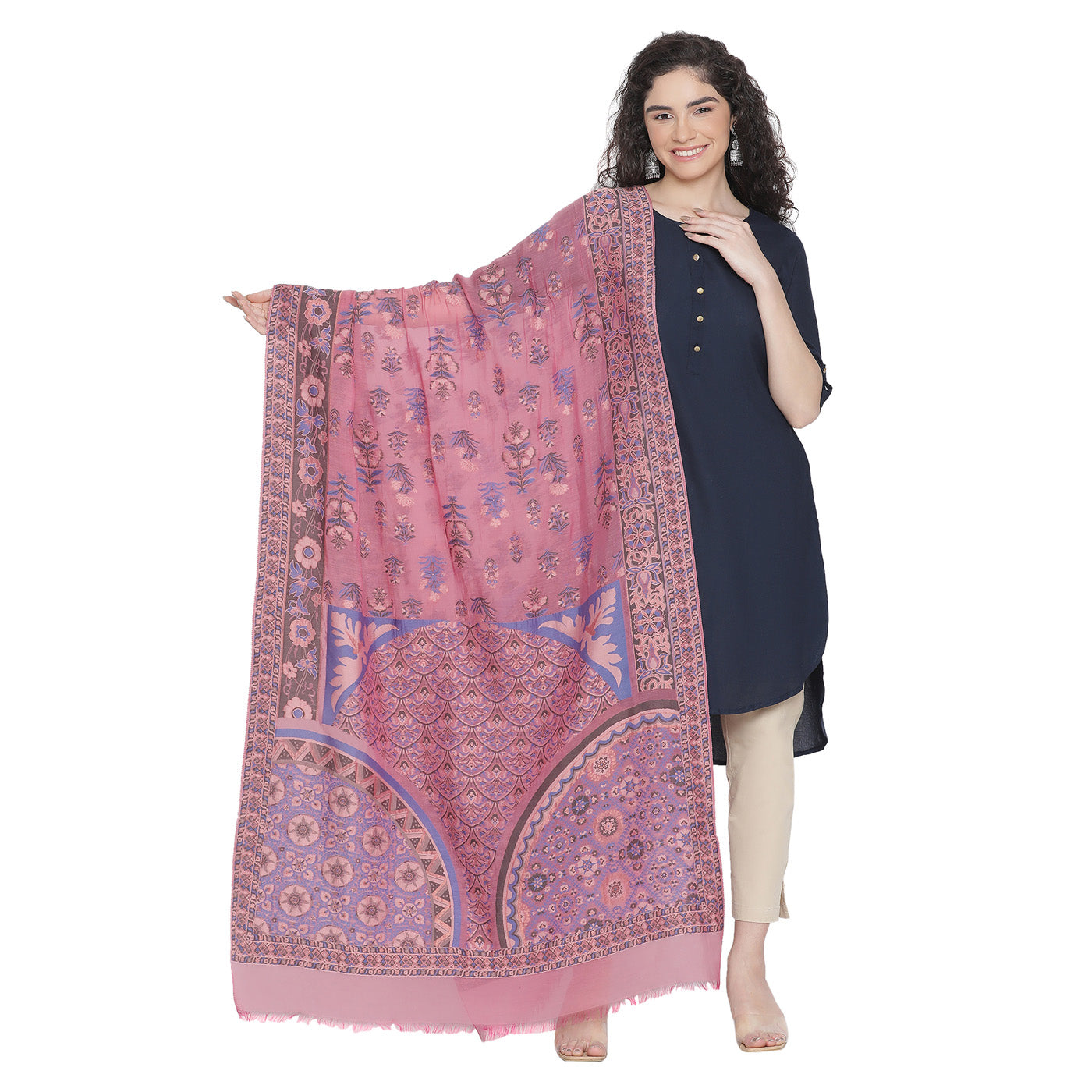 Pink Cupro Metallic Tencel Blend Woven Design Dupatta