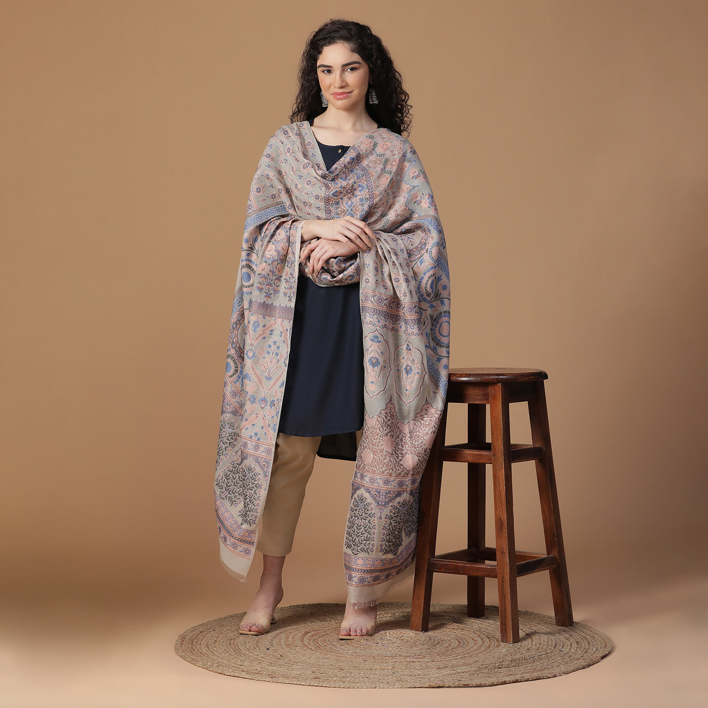 Dark Beige Silk Metallic Tencel Woven Design Dupatta