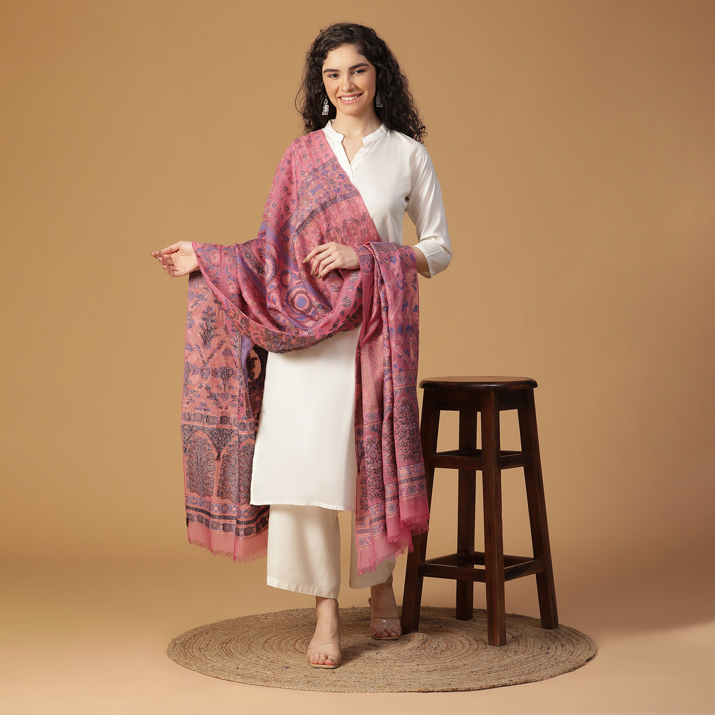 Pink Silk Metallic Tencel Blend Woven Design Dupatta