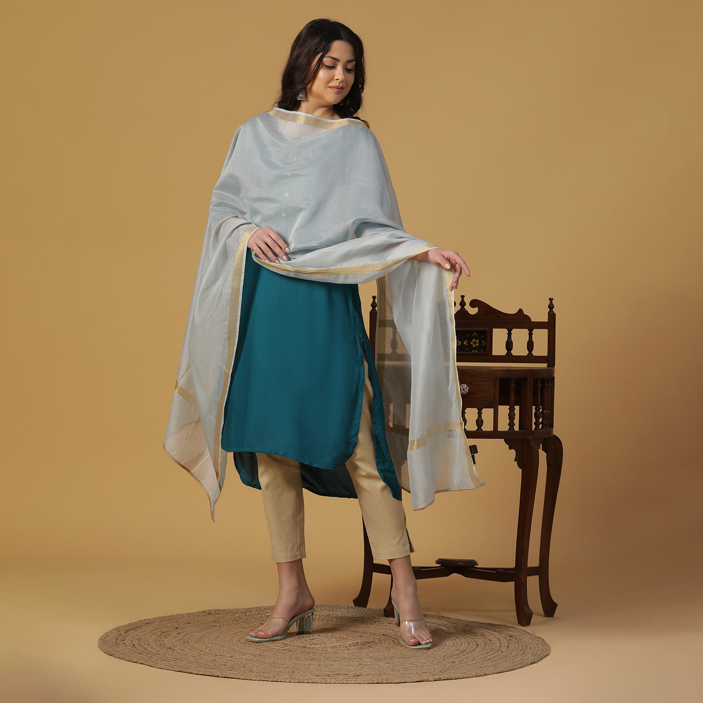 Grey Polyester Cotton Plain Dobby Dupatta