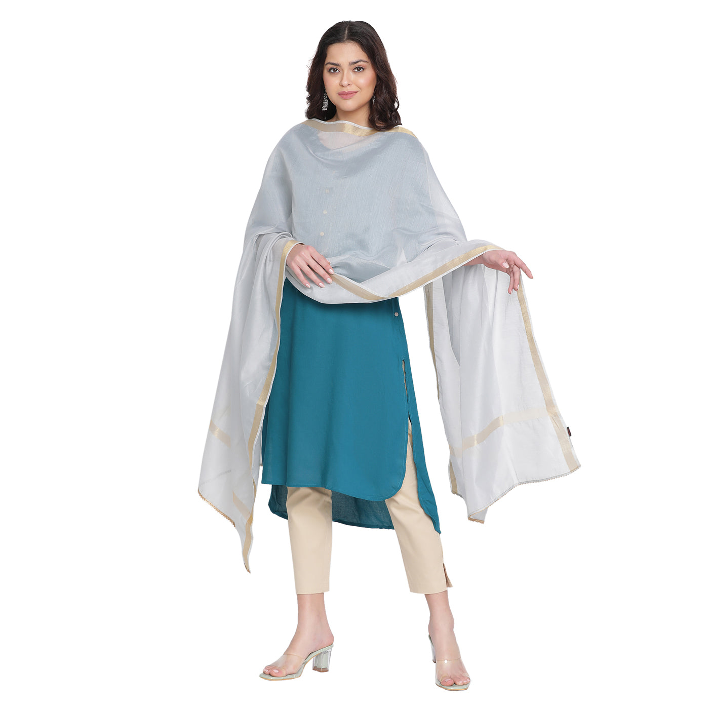 Grey Polyester Cotton Plain Dobby Dupatta