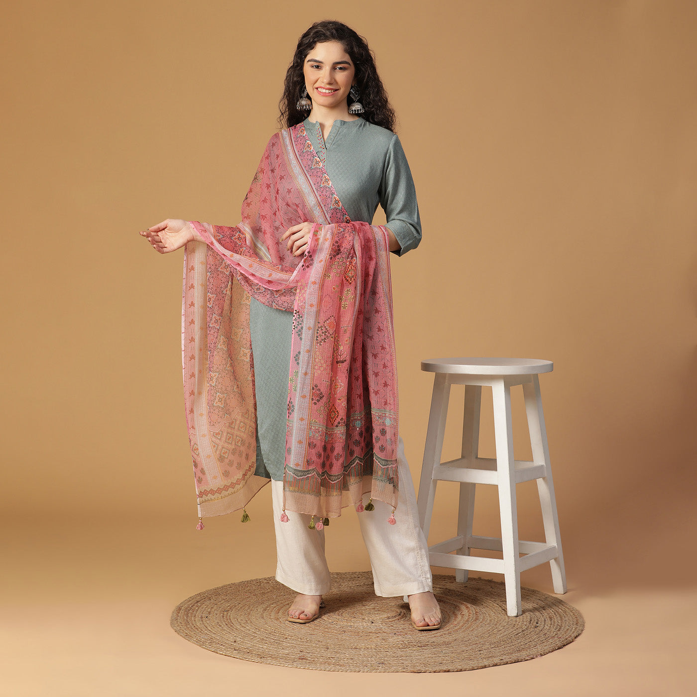 Pink Silk Cotton Printed Dupatta