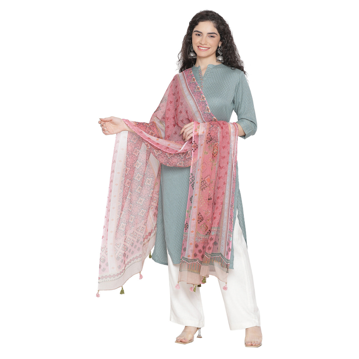 Pink Silk Cotton Printed Dupatta