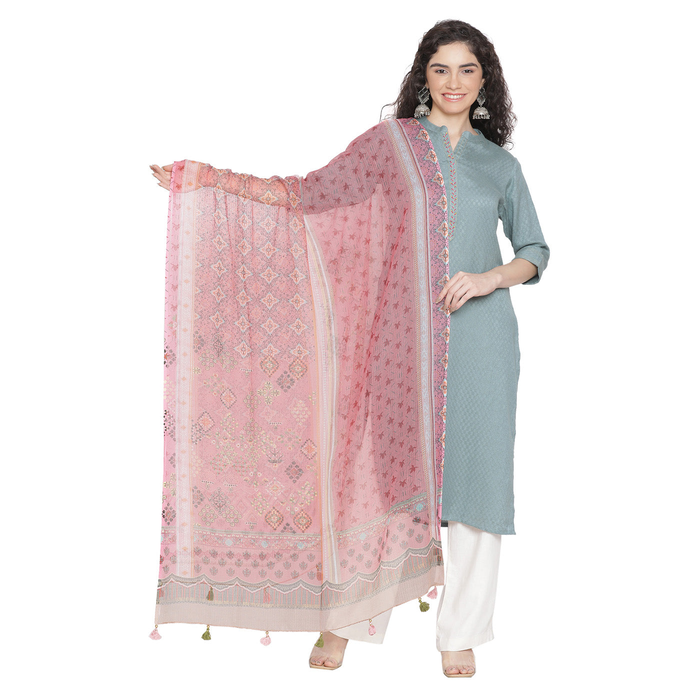 Pink Silk Cotton Printed Dupatta