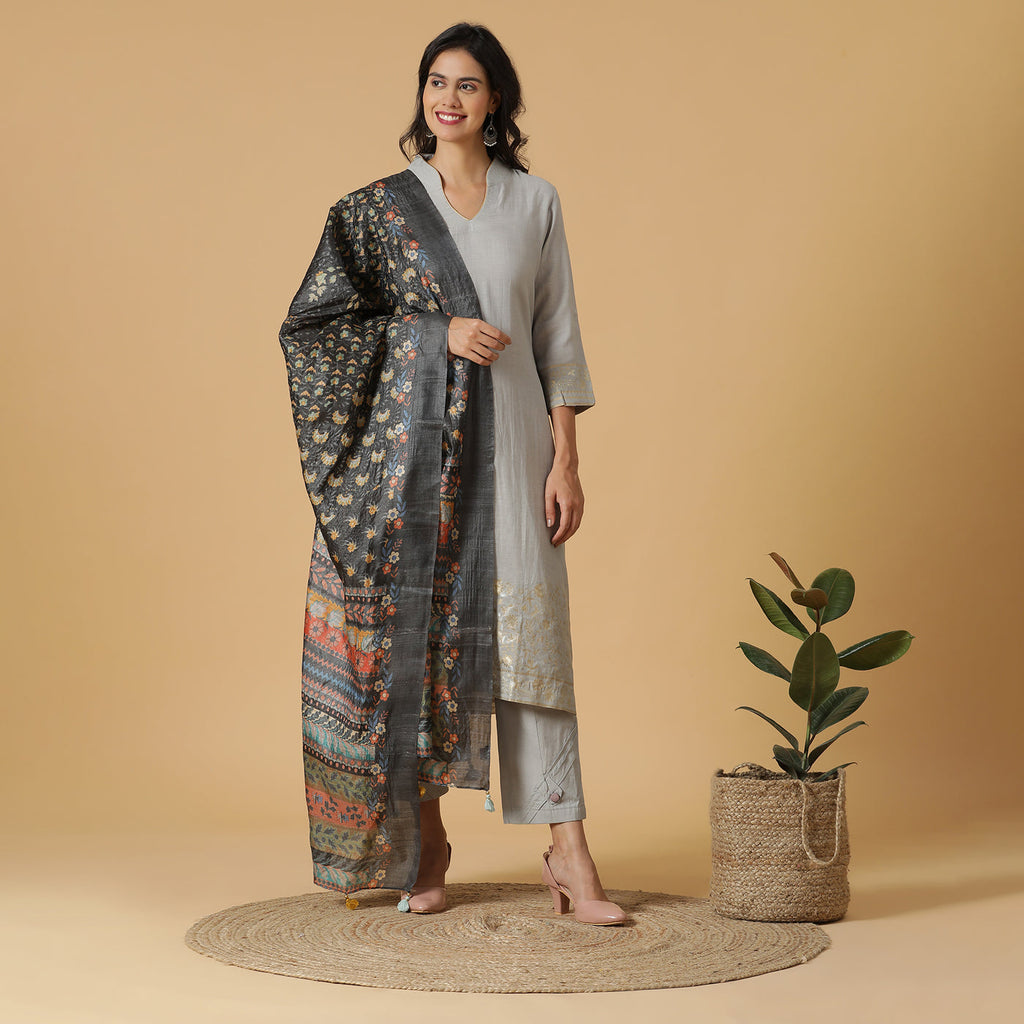 Woven Design Grey Unstitched Suit Co-ords Set