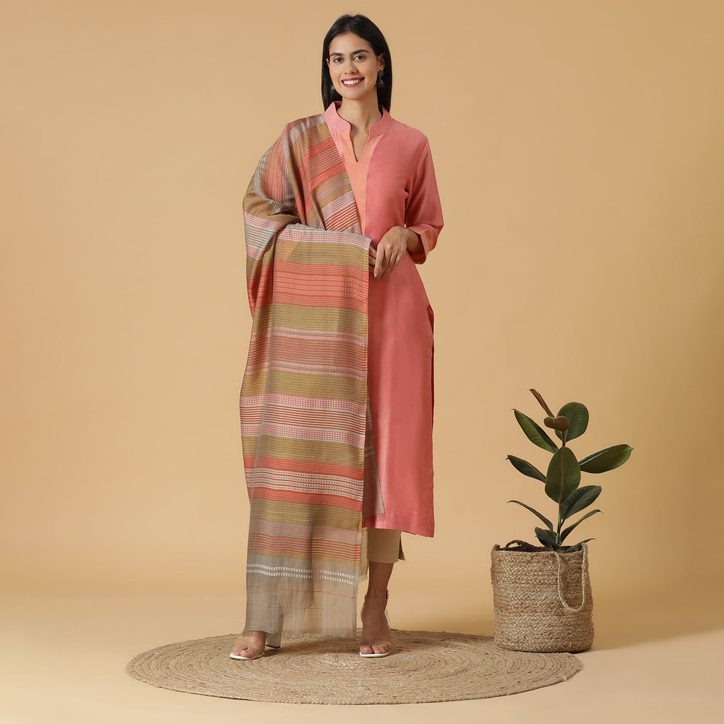 Peach Woven Design Unstitched Suit Co-ords Set