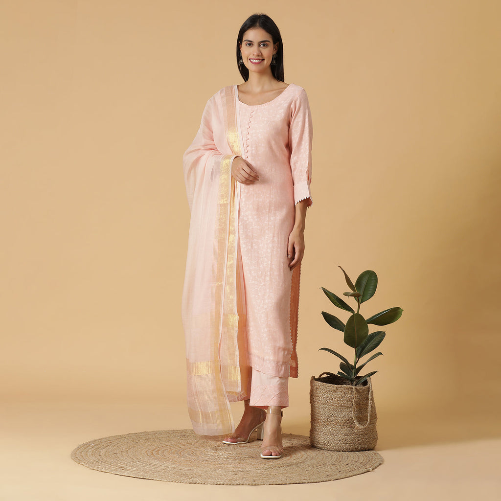 Pink Woven Design Unstitched Suit Co-ords Set