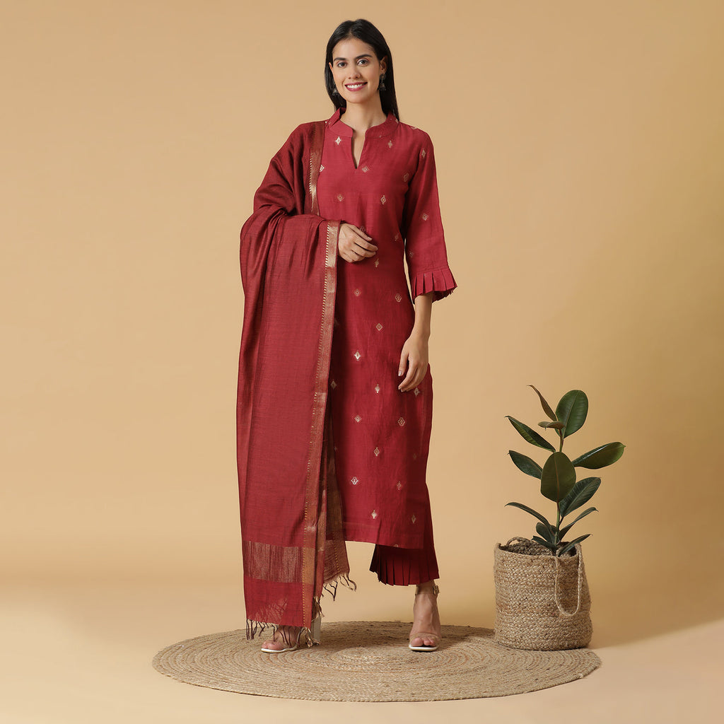 Maroon Woven Design Unstitched Suit Co-ords Set