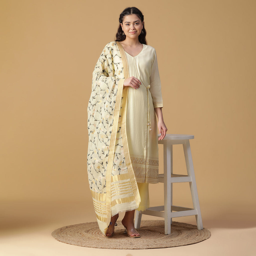 Lemon Woven Design Cotton Silk Blend Unstitched Suit Co-ords Set