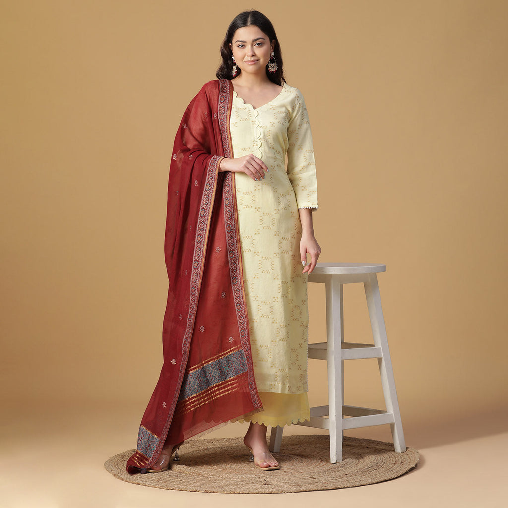 Lemon Woven Design Cotton Silk Blend Unstitched Suit Co-ords Set