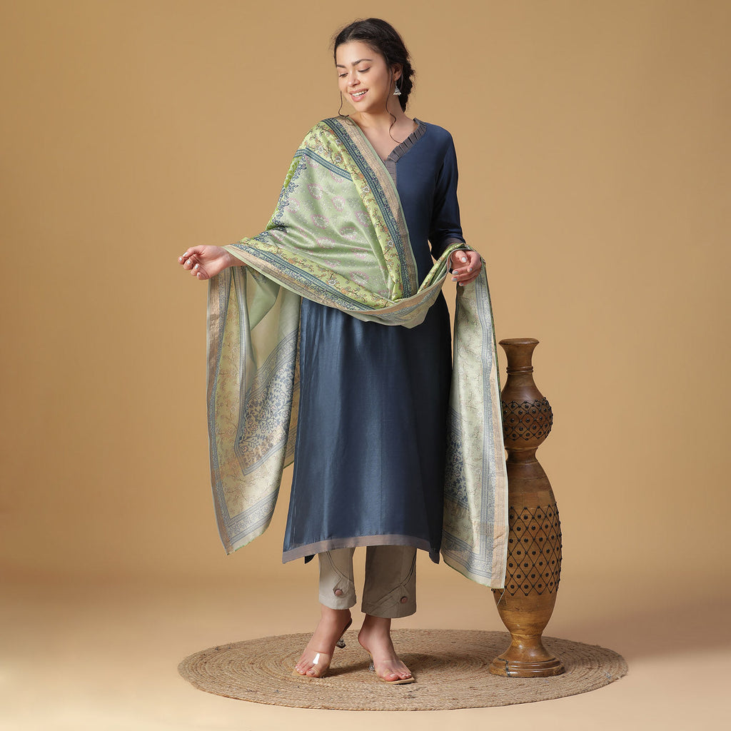 Plain Blue Woven Cotton Silk Semi Stitch Kurti & Dupatta Set