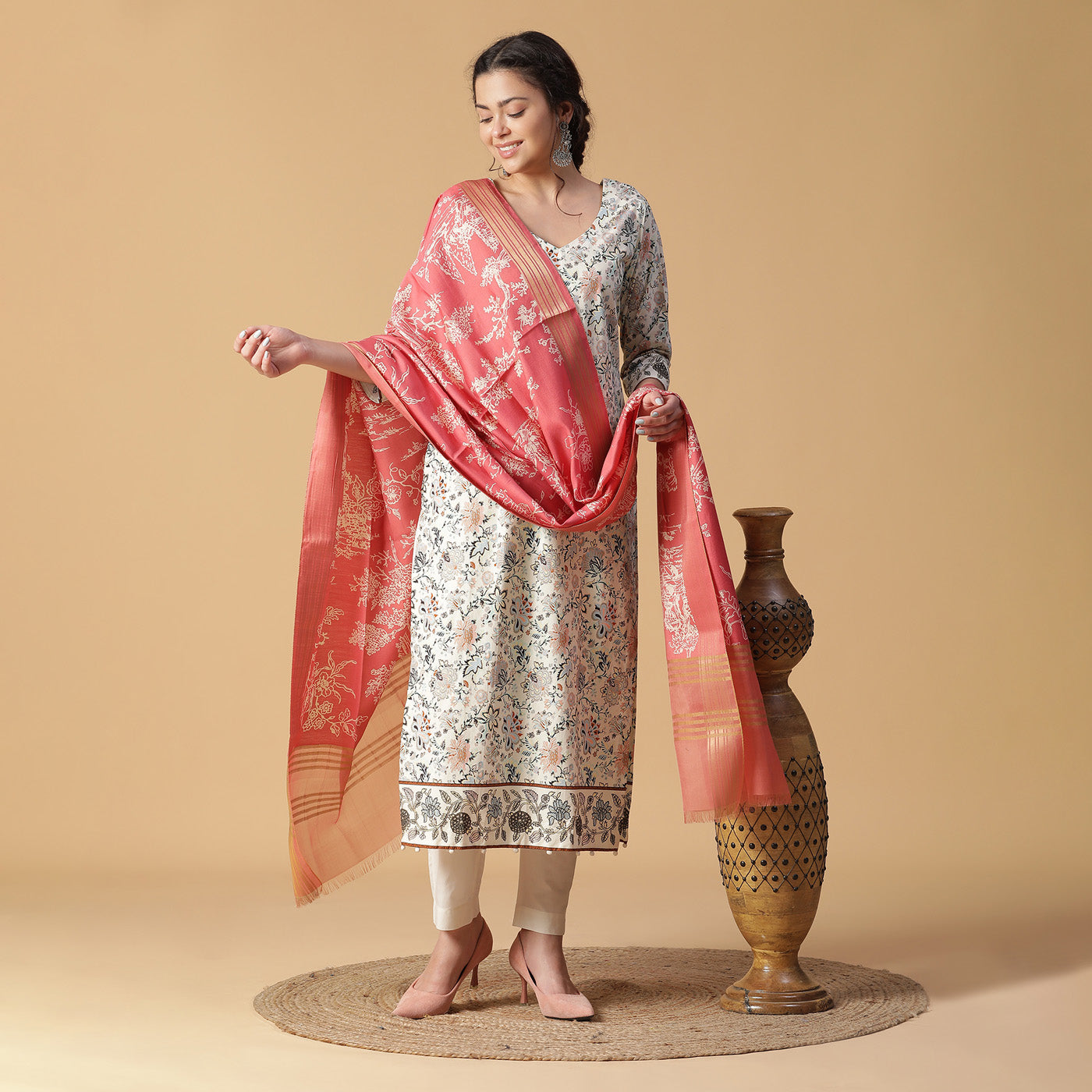 Pink Printed Cotton Stitched Suit Set With Dupatta