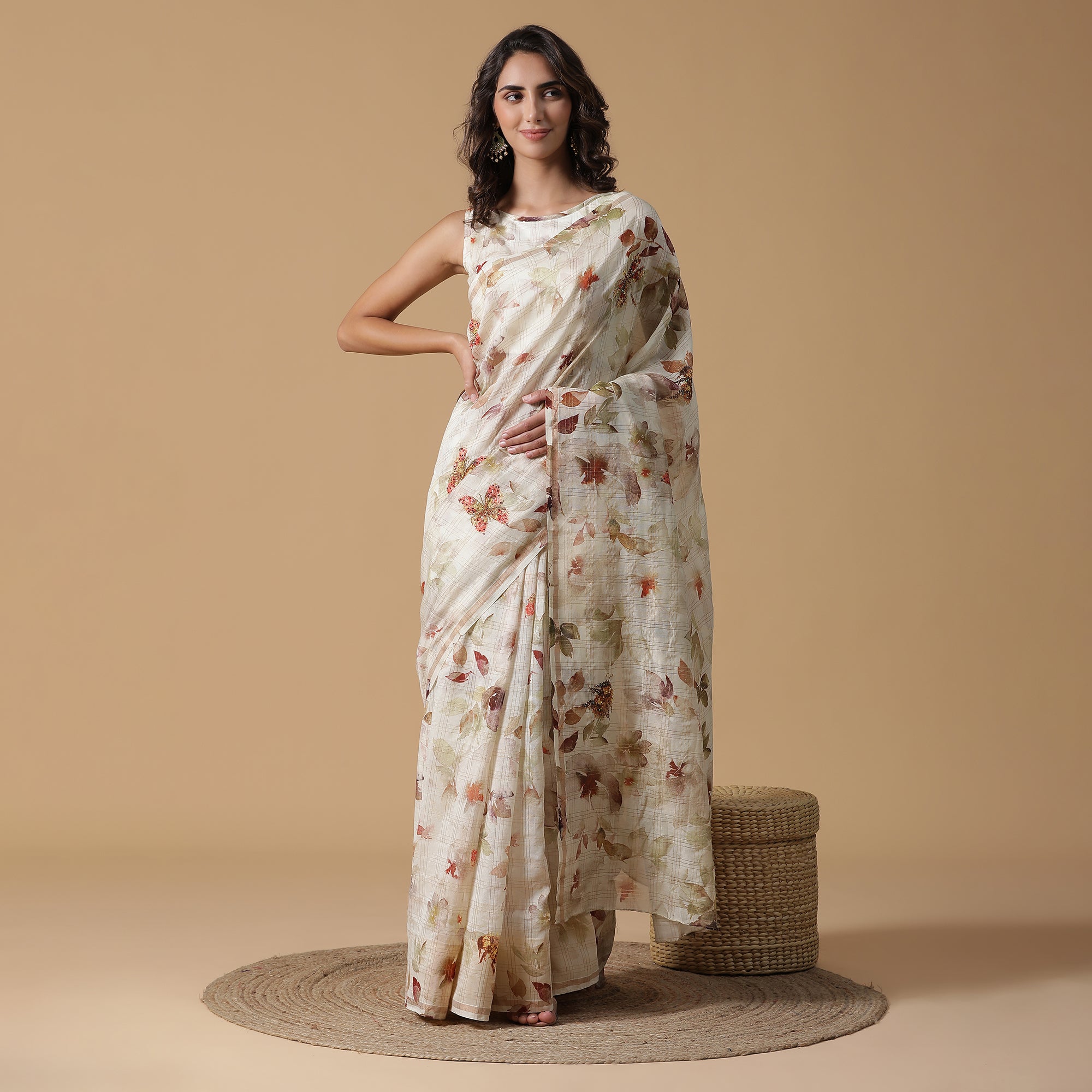 Grey intricately printed linen cotton saree with floral creeper border &  intricate pallu
