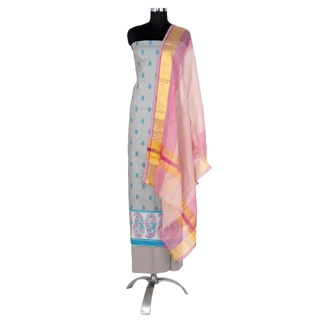 Grey Cotton Printed Suit with Pink Dupatta