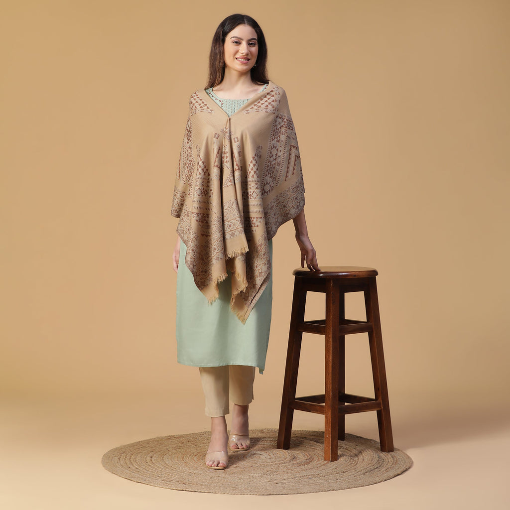 Beige Abstract Wool Woven Design Shawl