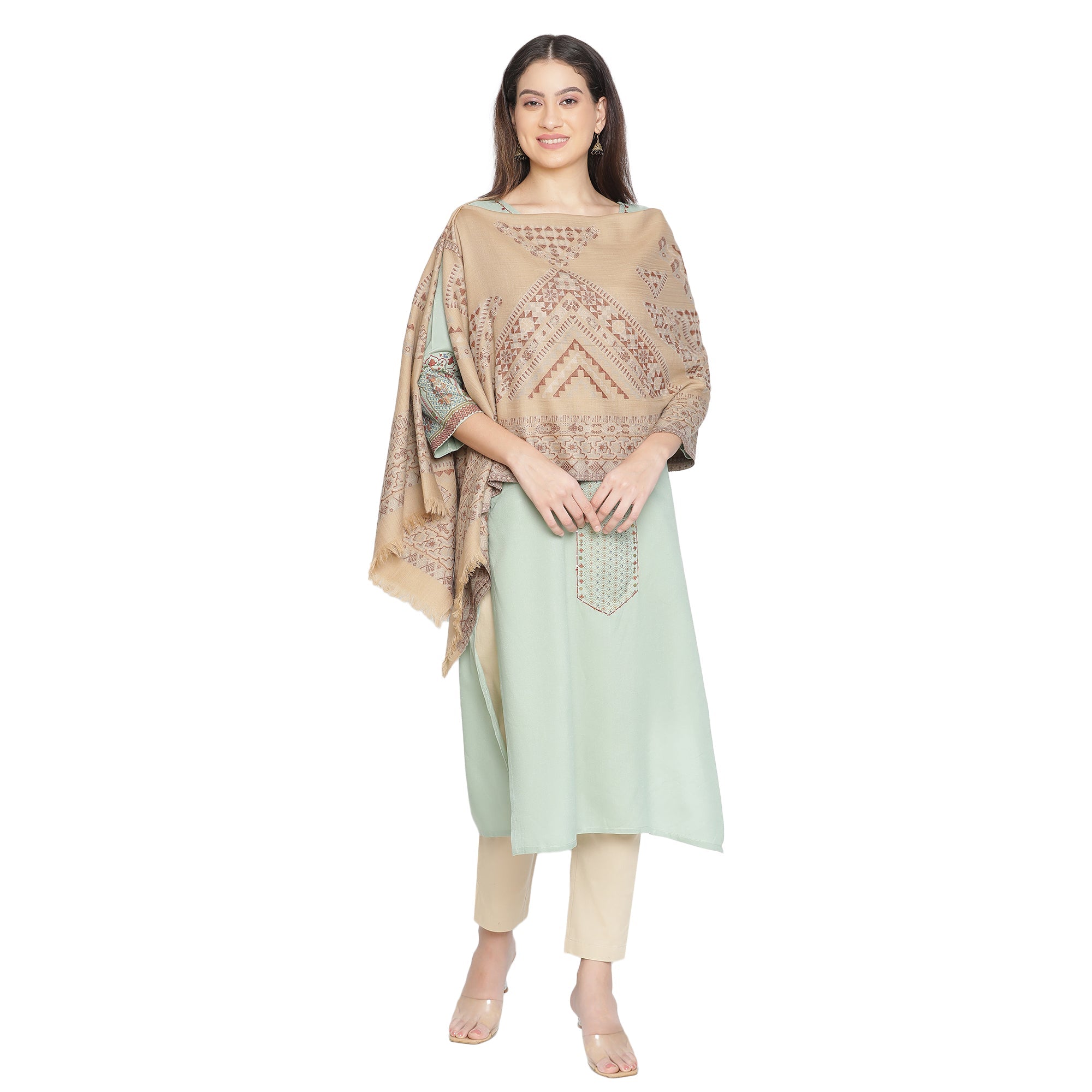 Beige Abstract Wool Woven Design Shawl